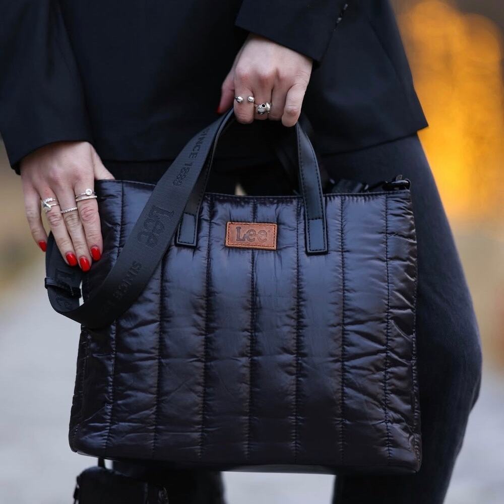 Lee Black Quilted Nylon Crossbody Tote Bag
